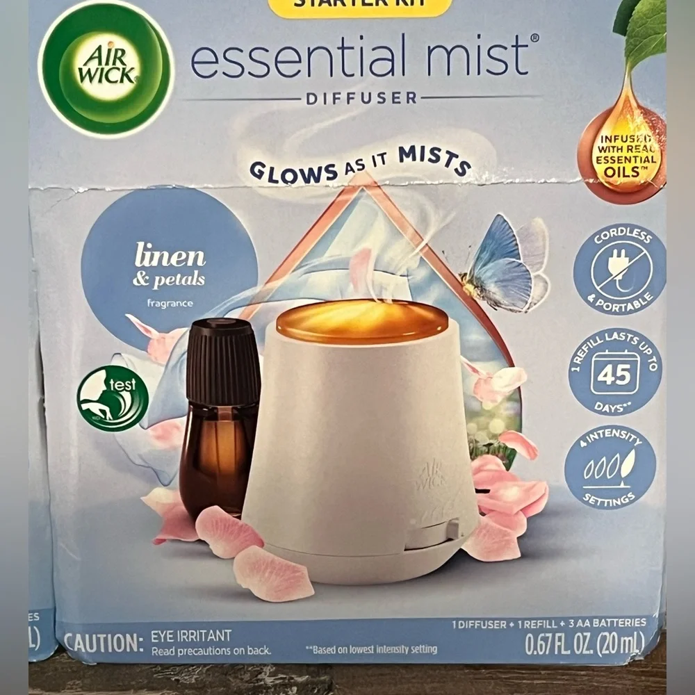 Air Wick Essential Mist Diffuser Linen & Petals X 2 Starter Kits Brand New!